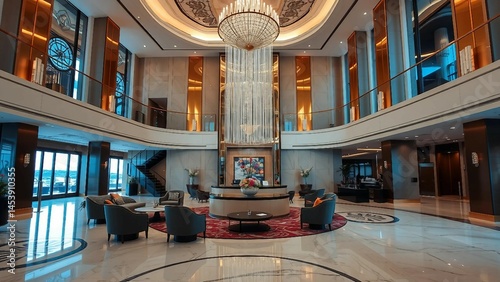 Prunkvolle Hotellobby mit goldener Einrichtung, Kronleuchter und edler Atmosphäre – ideal für Interior-, Luxus- und Reisemotive. photo