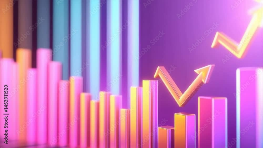 Vibrant bar graph illustrating growth and success in business analytics with colorful arrows and trends.