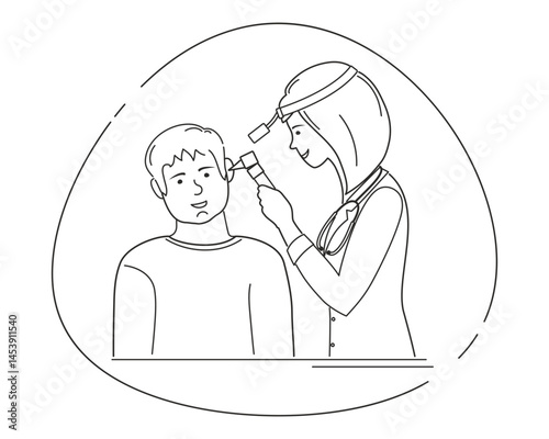 The ENT doctor examines the patient's ear. Drawing of lines.