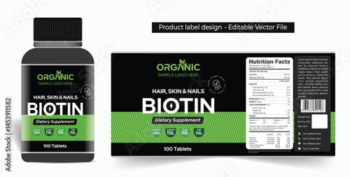 Biotin supplement label design multivitamin capsule label packaging design food vitamin supplement tablets sticker, high quality print ready editable vector file