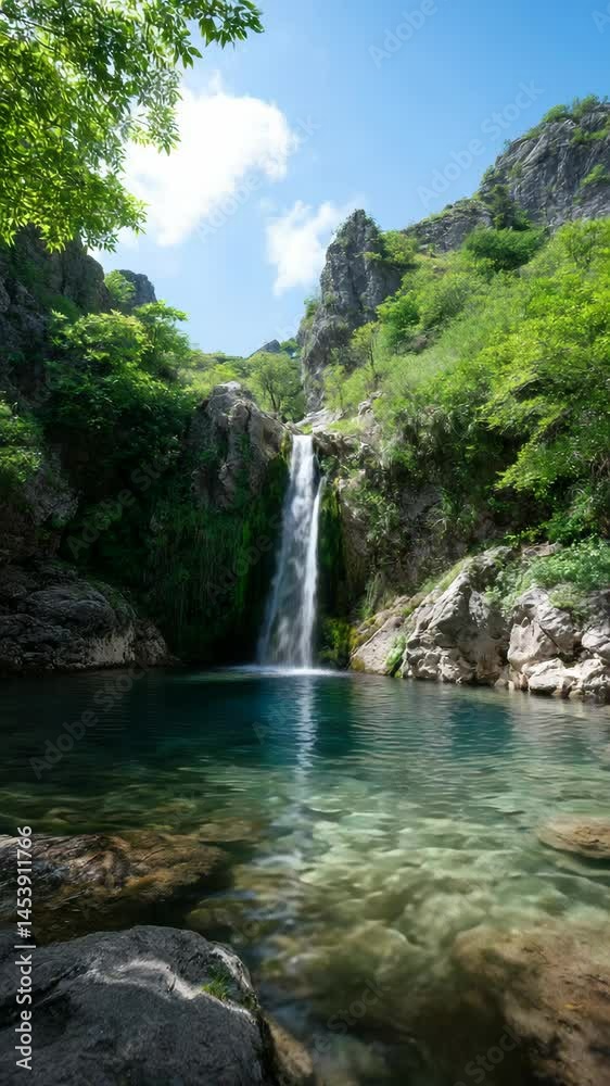 Cascading waterfall flows into a clear pool surrounded by green foliage and rock formations under a bright sky Cascading waterfall flows into a clear pool surrounded by green foliage and rock formations under a bright sky
