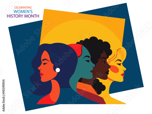 International women's day concept poster. Women's History Month banner. Different women stand together. Celebrating Women s History Month Diverse women s profiles in bold colors and graphic style.