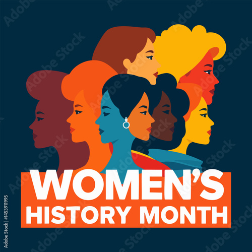 International women's day concept poster. Women's History Month banner. Different women stand together. Celebrating Women s History Month Diverse women s profiles in bold colors and graphic style.