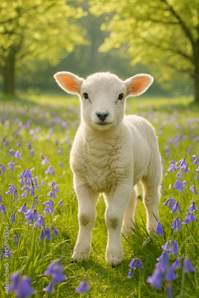 White lamb standing in blooming spring meadow with flowers White lamb standing in blooming spring meadow with flowers
