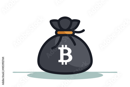 An isolated cartoon bitcoin bag with a white symbol sits against transparency