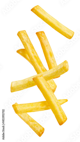 Multiple french fries falling with transparent background photo