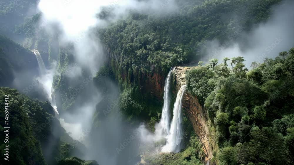 Majestic waterfalls cascading down the lush green cliffs into deep canyons filled with mist and fog in a tropical rainforest environment