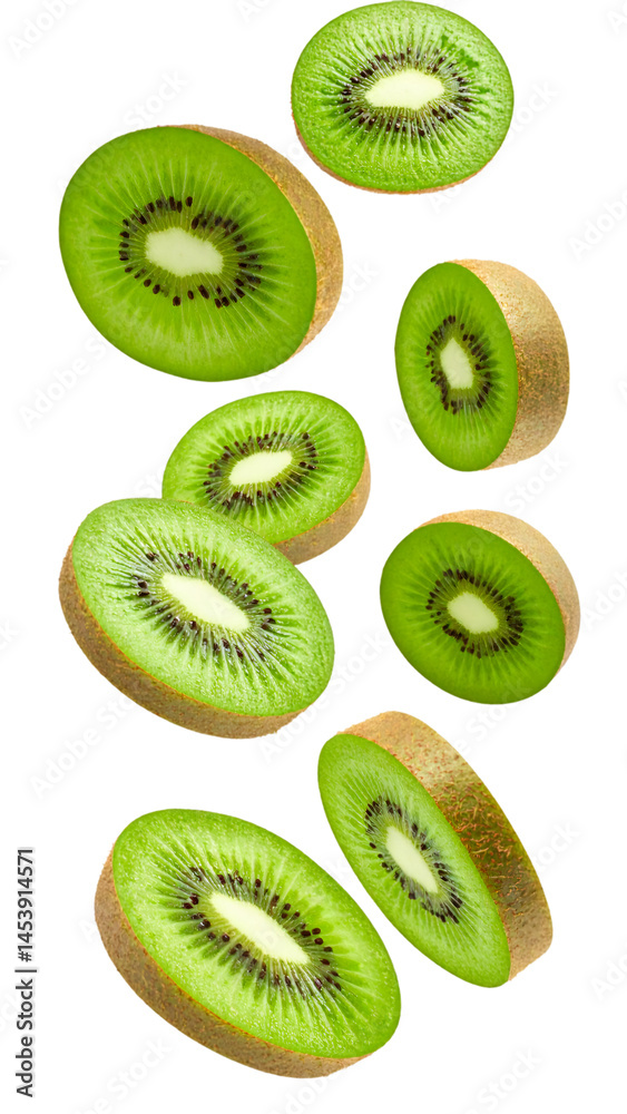 Fototapeta premium Fresh kiwi slices falling on transparent background