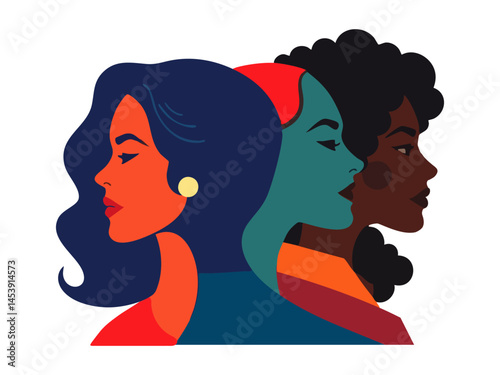 International women's day concept poster. Women's History Month banner. Different women stand together. Celebrating Women s History Month Diverse women s profiles in bold colors and graphic style.