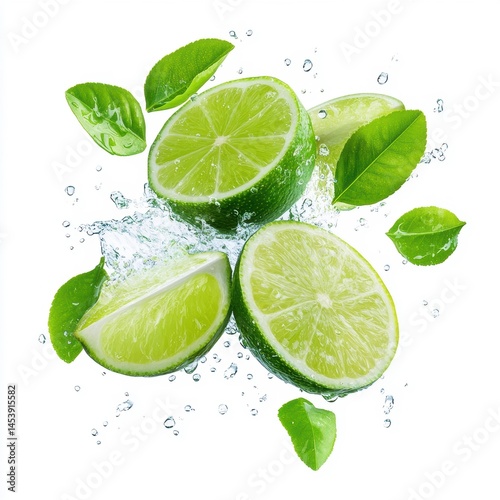 Splashing Fresh Limes with Water and Green Leaves on White Background
