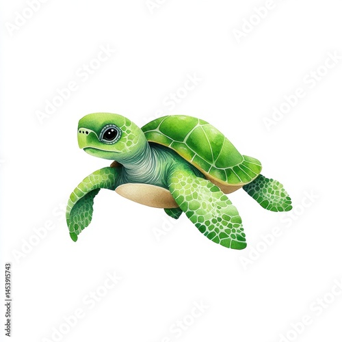 Cute Green Turtle Swimming in Clear Blue Ocean Environment
