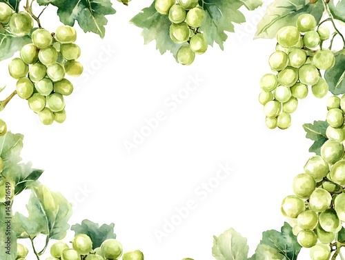 Watercolor Green Grape and Shine Muscat Frame Design, Hand Painted Grape Border Illustration, Shine Muscat Wreath Watercolor Decor, Green Grape Frame Decoration, Grape Border Art for Design