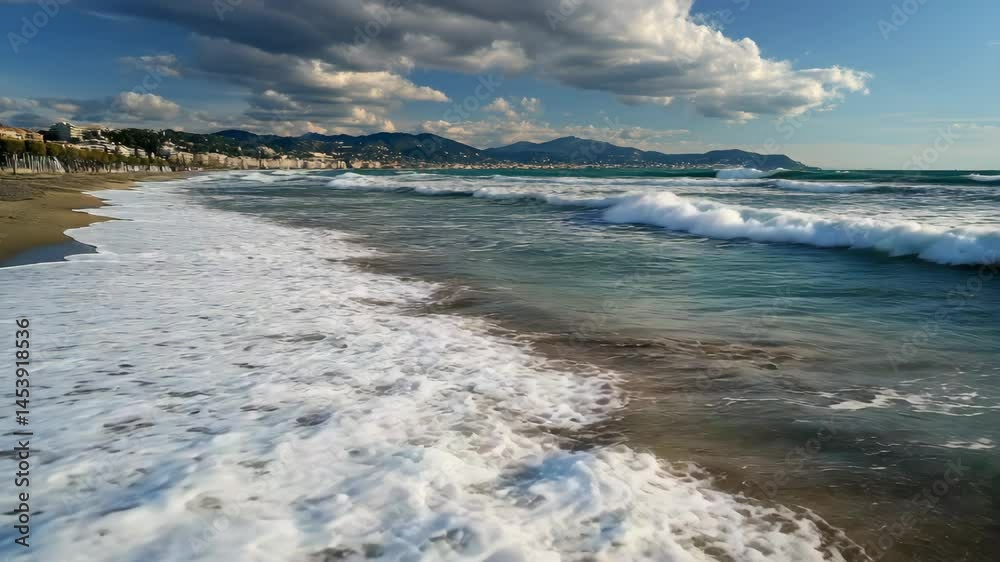 Waves with white foam crash on a sandy beach against buildings and distant mountains in coastal landscape. Waves with white foam crash on a sandy beach against buildings and distant mountains in coastal landscape.