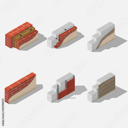 building brick abd block wall layers with insulation and cladding isometric