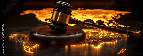 Global Justice Gavel on Glowing World Map