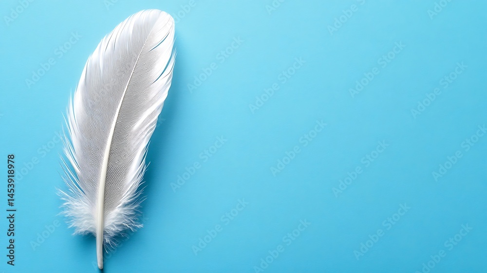 Naklejka premium Elegant feather resting on a vivid turquoise backdrop symbolizing tranquility