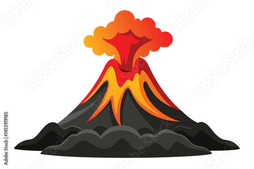 Cartoon volcano erupts fiercely with bright orange lava and smoke rising against white backdrop