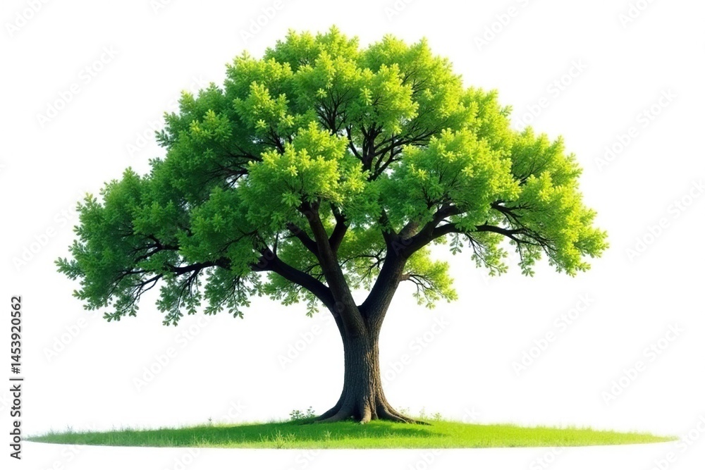Lone majestic oak tree against pure white backdrop, symbol, natural, leaves Lone majestic oak tree against pure white backdrop, symbol, natural, leaves