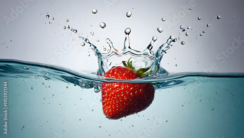 A red strawberry, a fresh fruit, creates a splash as it is falling into clear water, a healthy motion captured as a liquid drop