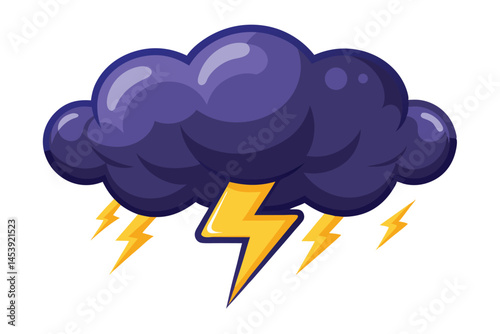 Dark cartoon cloud with lightning strikes against a white background shows severe weather