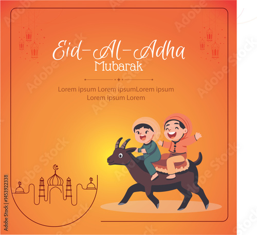 Social media post Eid ul adha mubarak cute boys on a goat riding, islamic festival celebration blessings, happiness.