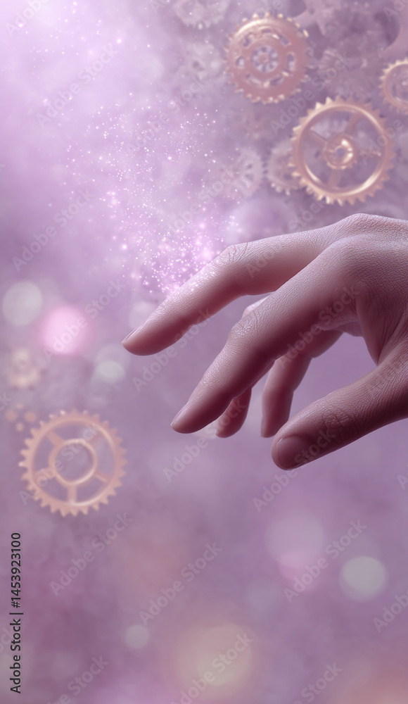 Close-up of a hand reaching for purple glowing particles, gears in soft focus background, symbolizing innovation, creation, or technological advancement Close-up of a hand reaching for purple glowing particles, gears in soft focus background, symbolizing innovation, creation, or technological advancement
