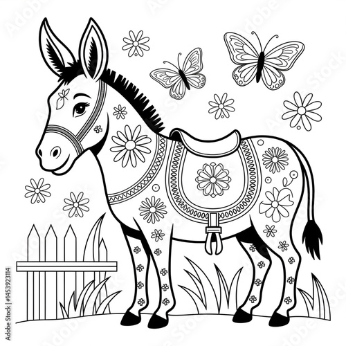 Donkey illustration vector style line drawing pencil art colouring page 