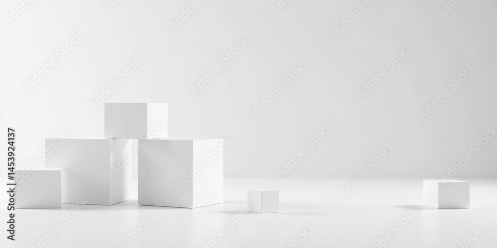 Studio shot of pristine white cubic shapes arranged on a minimalist surface Studio shot of pristine white cubic shapes arranged on a minimalist surface