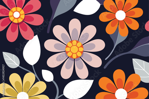 Flowers bloom in various colors and shapes over a dark background within this pattern