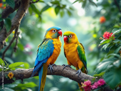 Couple de perroquets dans un environnement naturel.