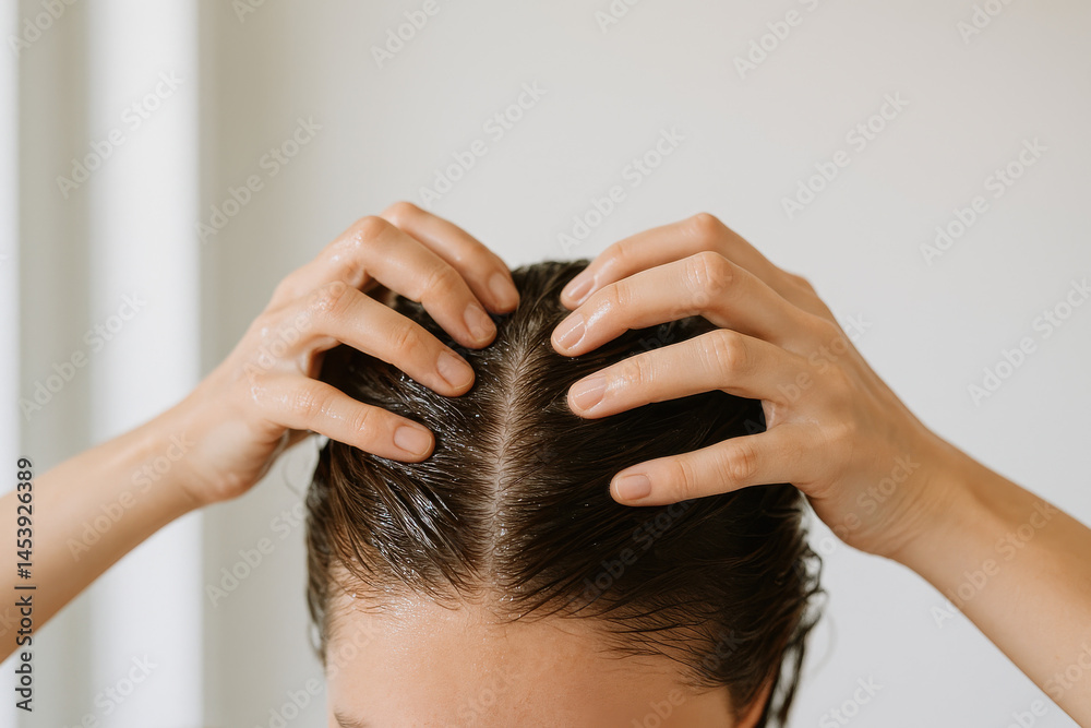 Naklejka premium Hair Care Ritual: A close-up shot highlights the meticulous care as hands gently massage hair, with a sense of well-being.