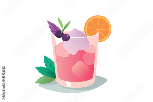 Iced pink cocktail garnished with fresh orange, blueberries, and leaves on white background