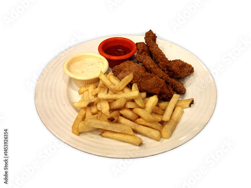 Crispy Chicken crispo with potato fries and sauses in a plate isolated on white background photo