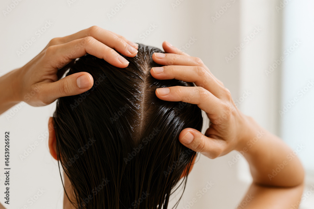 Naklejka premium Hair Care Routine: A close-up view of a person's hands gently massaging a scalp, with wet hair glistening, illustrating a daily beauty regimen, highlighting hair health, and skincare.