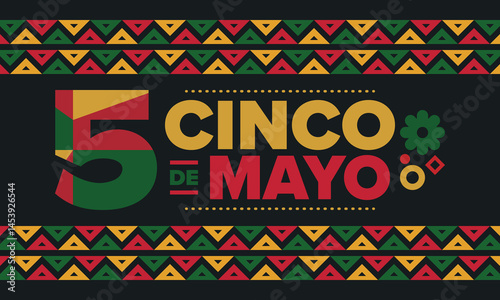 Cinco de Mayo in Mexico. Traditional mexican fiesta in May. National happy holiday with carnival, festival and parade. Latin american and spanish pattern. Illustration with sombrero. Vector poster