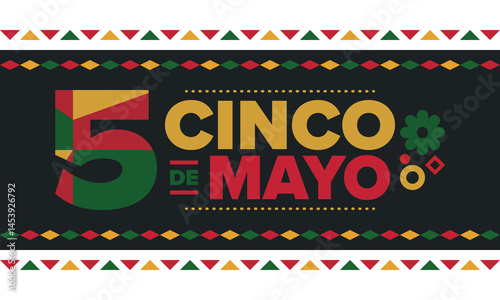 Cinco de Mayo in Mexico. Traditional mexican fiesta in May. National happy holiday with carnival, festival and parade. Latin american and spanish pattern. Illustration with sombrero. Vector poster