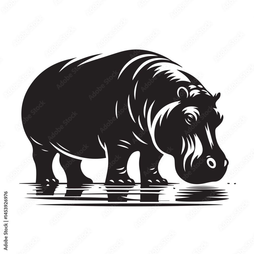 Fototapeta premium Hippopotamus silhouette illustration vector design, A hippopotamus silhouette vector illustration, Hippopotamus silhouette illustration vector design, hippos set silhouette on white background vector.