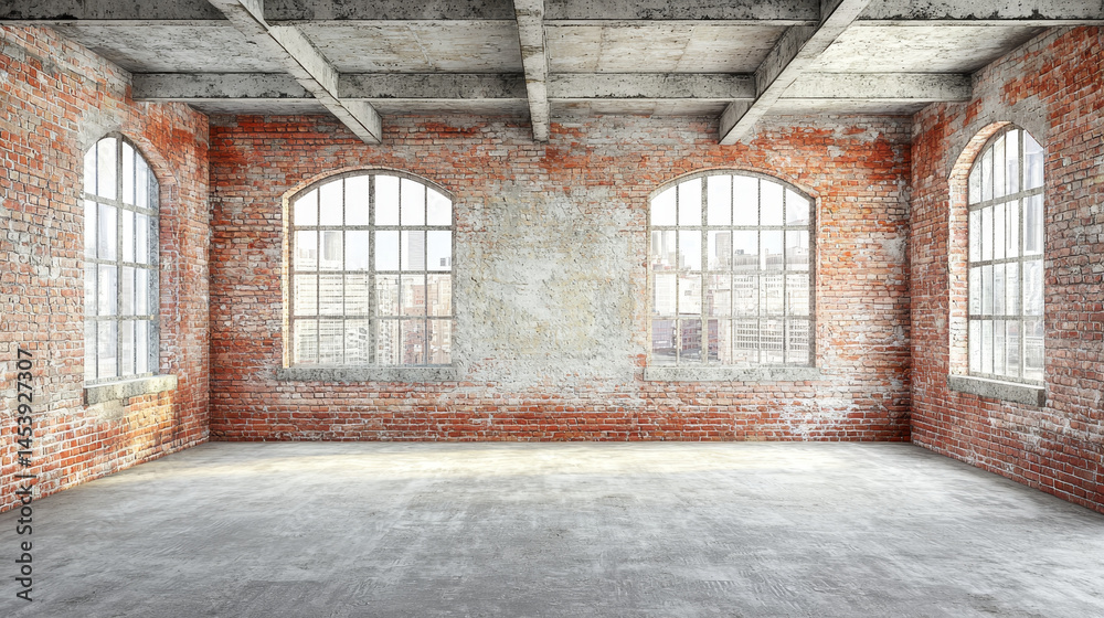 Spacious loft interior: exposed brick walls, large windows, and concrete floor Spacious loft interior: exposed brick walls, large windows, and concrete floor