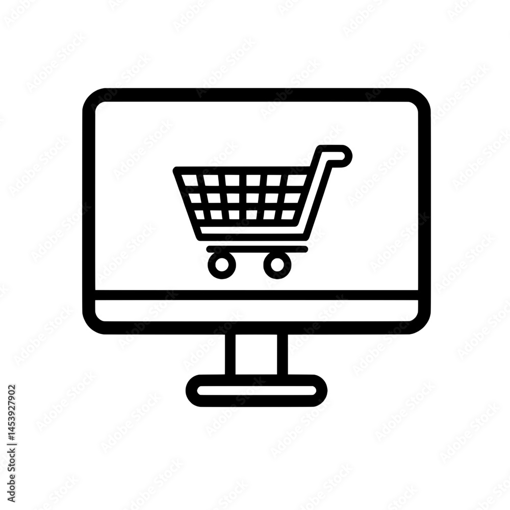 Simple Black Shopping Cart Icon Displayed on a Computer Screen for Online Marketplaces Simple Black Shopping Cart Icon Displayed on a Computer Screen for Online Marketplaces