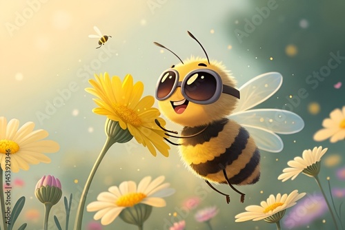 Cheerful Cartoon Bee with Flower in Spring Pastel Vector Art