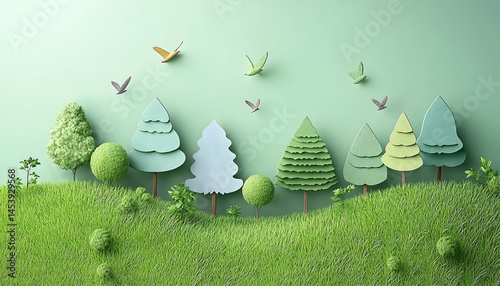 Stylized paper cutout trees landscape with green grass and birds