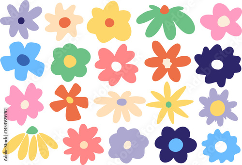 Colorful Hand Drawn Doodle Illustrations Flower Icons – A set of fun, flat floral doodles in vibrant colors. Great for spring designs, stickers, and cute graphic elements.