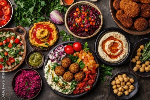 Jewish Cuisine Top View: Traditional Middle Eastern Food with Falafel, Fattoush, Tabouli, and Shakshuka photo