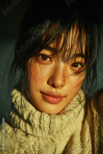 a young Korean woman in her 20s, with a rounder face, soft natural monolid eyes