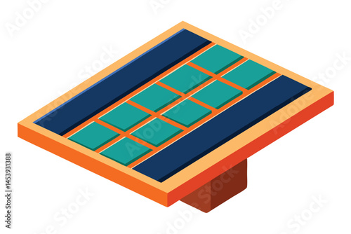 Isometric solar panel with blue cells and an orange frame receives light energy