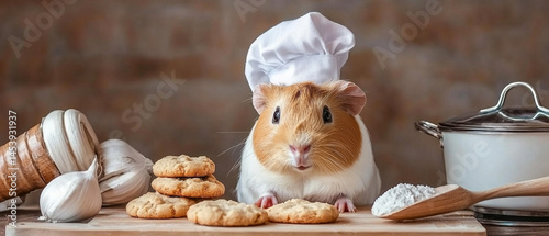 Guinea pig chef with cookies and baking ingredients