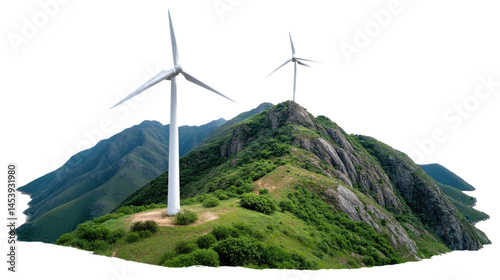 Wind Turbines atop a Hill: A panoramic view of modern wind turbines generating clean energy on a scenic hilltop, surrounded by lush green landscape and under a bright sky.