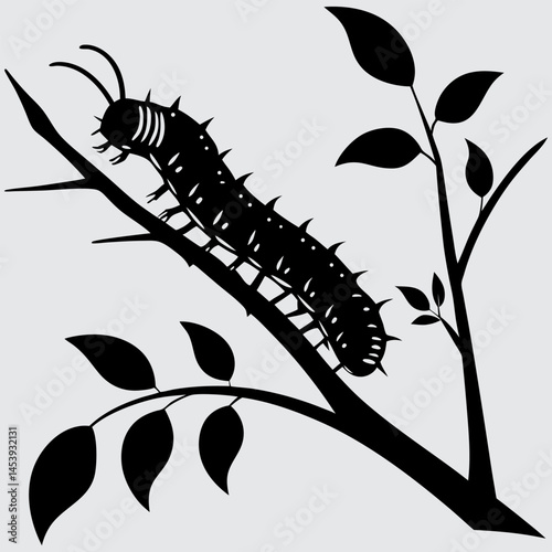 A caterpillar crawling on a branch image silhouette design vector art and illustration