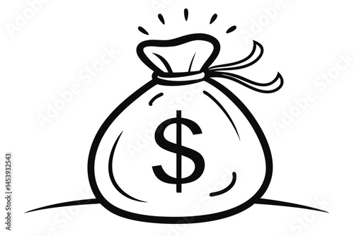line art shows a money bag with a prominent dollar sign design