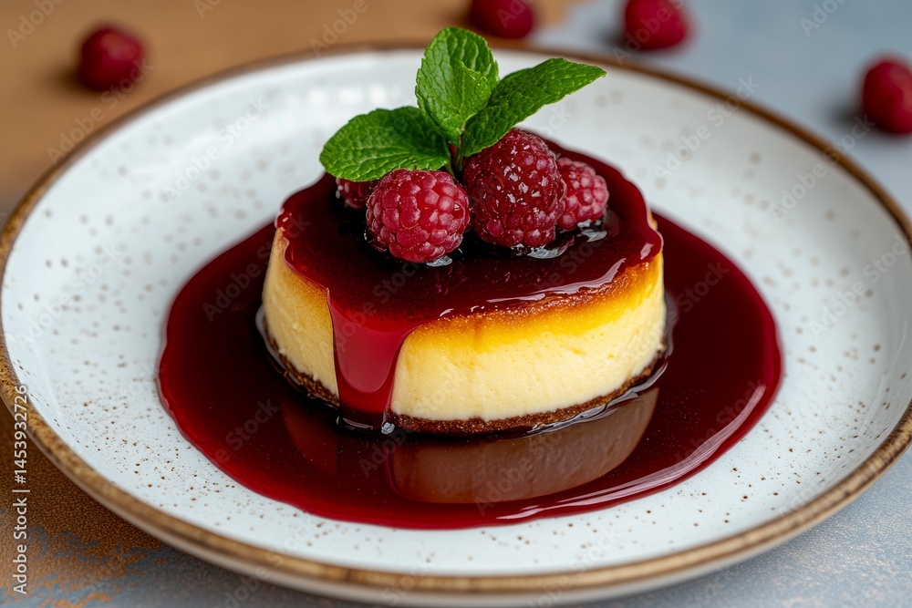 Delicious Creamy Cheesecake with Raspberry Sauce and Mint Delicious Creamy Cheesecake with Raspberry Sauce and Mint